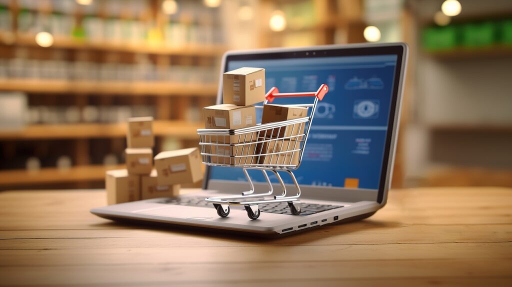 Online shopping concept with cart full of boxes on top of laptop computer - Tradeinfo.cz