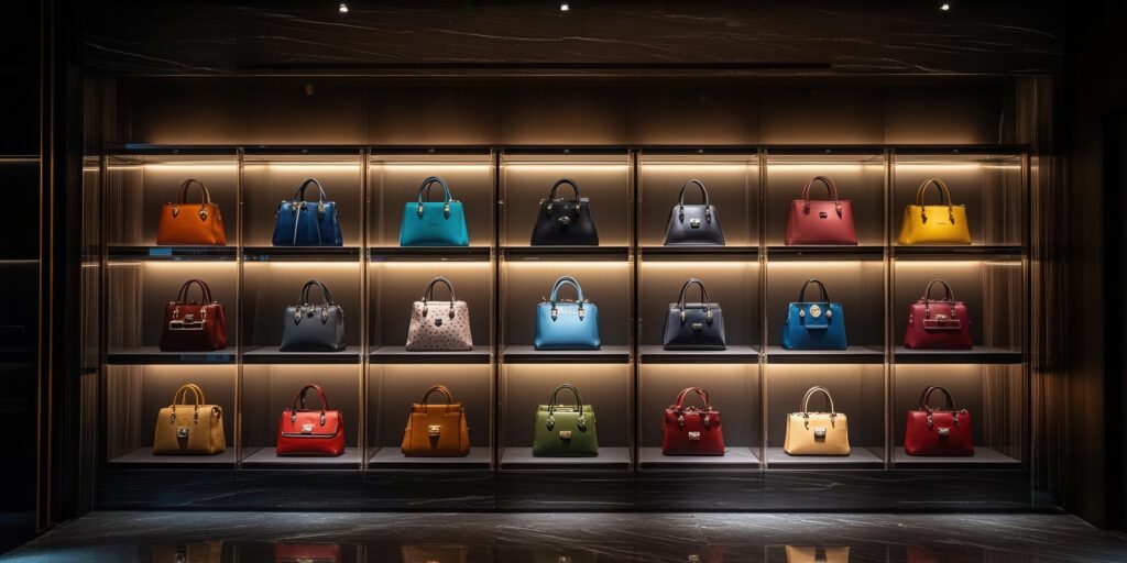 Luxury bag showcase with elegant lighting and sleek design bag showcase high-end fashion accessory - Tradeinfo.cz kabelky, investici