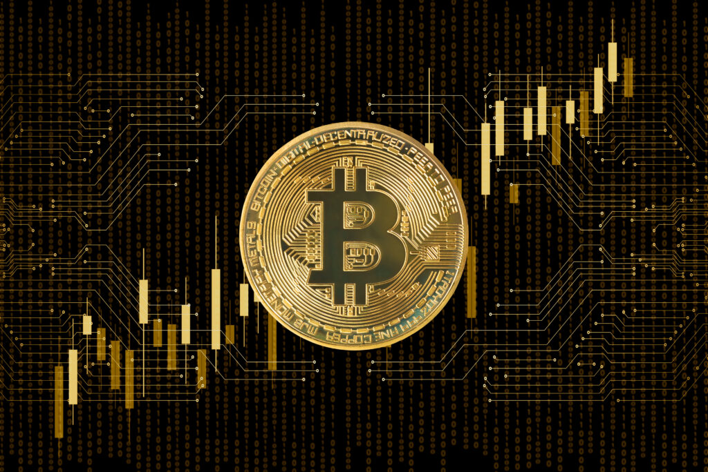 bitcoin on abstract printed circuits and bargraph on black background - Tradeinfo.cz Bitcoin, USD, Token