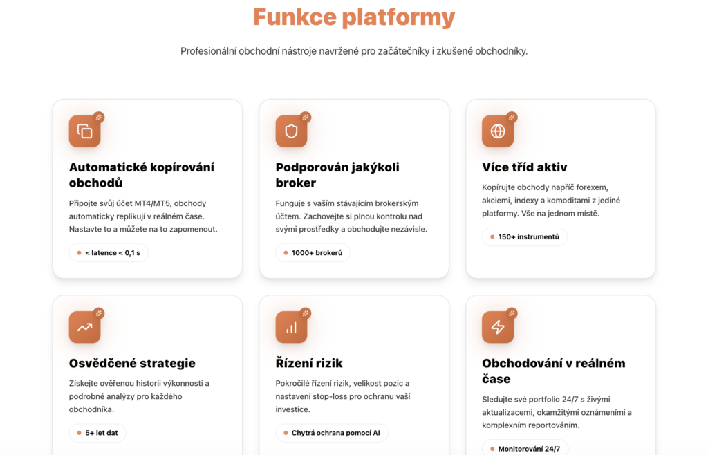 Funkce platformy fx junction - Tradeinfo.cz Grid of rounded feature cards for Funke platform, each with an orange icon and bold Czech headings like 'Automatické kopírování obchodů' and short descriptions.