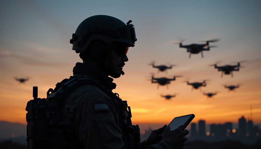 Futuristic warfare concept with a soldier in silhouette commanding a swarm of autonomous drones at sunset - Tradeinfo.cz Nordická aliance, drony, protidronová obrana