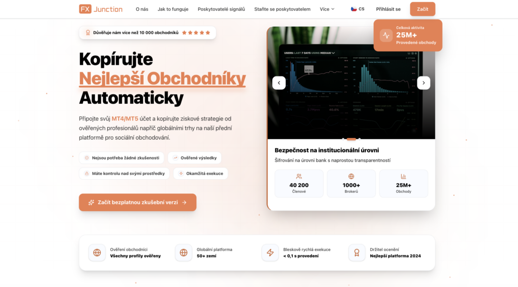 fx junction - Tradeinfo.cz Hlavní stránky produktu FX Junction with Czech headline Kopírujte Nejlepší Obchodníky Automaticky a tlačítky pro akci (CTA) - marketingová hero sekce.
