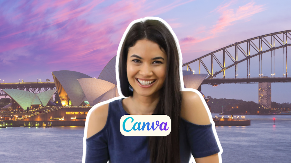 Alt text: Portrét zakladatelky Canvy Melanie Perkins s logem aplikace, na pozadí je Sydney, symbolizující vzestup firmy k IPO a konkurenci s Adobe.
