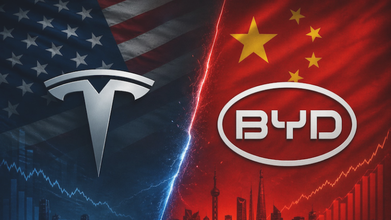 Ilustrační obrázek – logo tesla a BYD