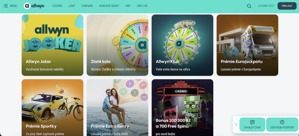 allwyn - Tradeinfo.cz Homepage grid of colorful promotion cards for Allwyn games, showing titles like Allwyn Joker, Zlaté kolo, Allwyn Klub and Eurojackpot promotions in a tiled layout.