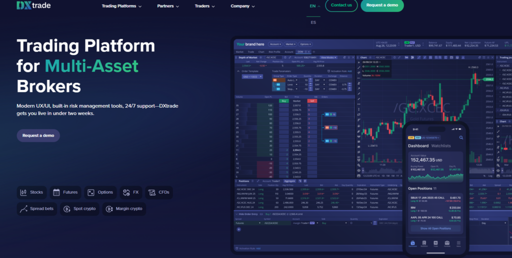 image - Tradeinfo.cz Hero section for DXtrade: multi-asset trading platform with a dark gradient background, bold headline on the left and a montage of trading screens on a laptop, tablet, and phone highlighting dashboards and charts.