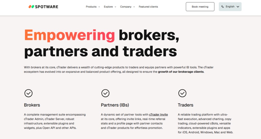 image - Tradeinfo.cz Hero banner with the bold headline 'Empowering brokers, partners and traders' and three columns: Brokers, Partners (IBs), Traders, each with a circular check icon.