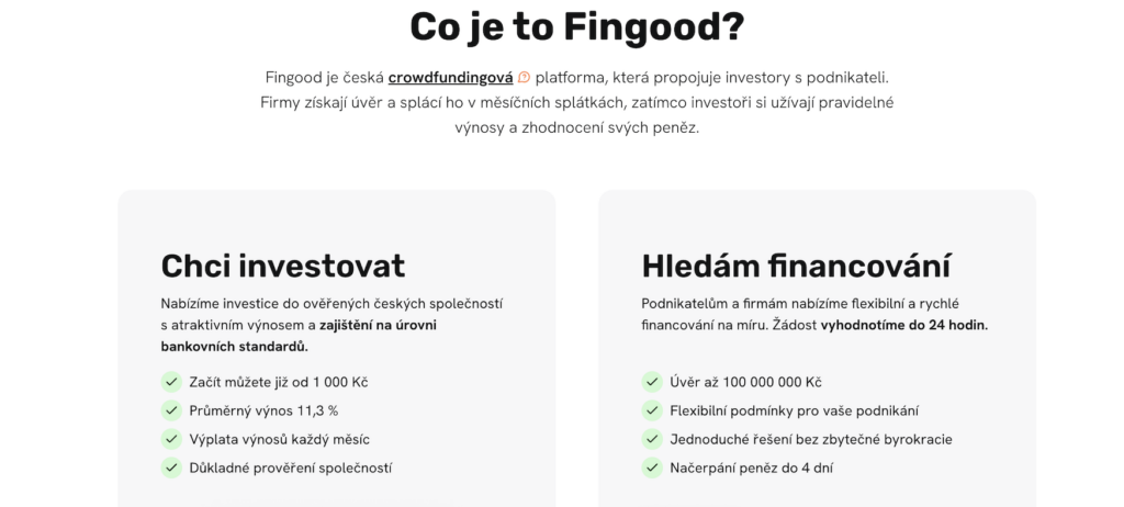 Co je Fingfood - Tradeinfo.cz - ForexMag.cz Hero section:'Co je to Fingood?' explaining the Czech crowdfunding platform with two option cards for investing or financing.