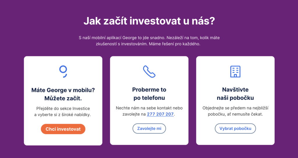 George - Tradeinfo.cz - ForexMag.cz Karta s nadpisem'Máte George v mobilu? Můžete začít.' a oranžovým tlačítkem 'Chci investovat'.