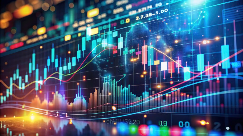 Investice - Tradeinfo.cz Colorful stock market chart with candlestick bars and glowing trend lines on a dark grid, showing price fluctuations.