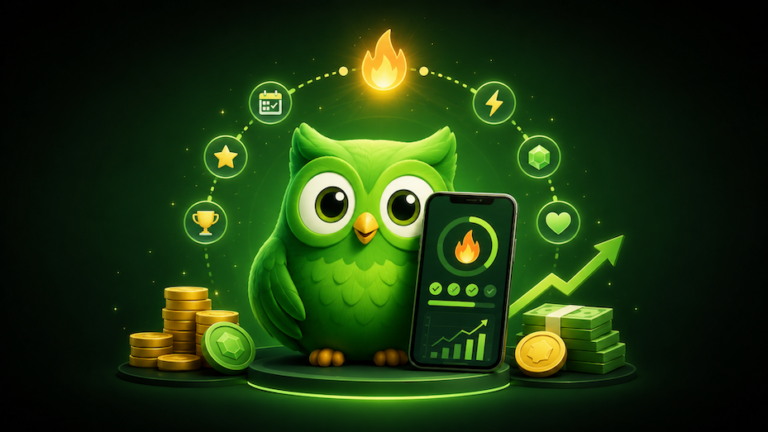 Green owl mascot with a smartphone showing a flame icon, surrounded by coins and cash, symbolizing a finance app.
