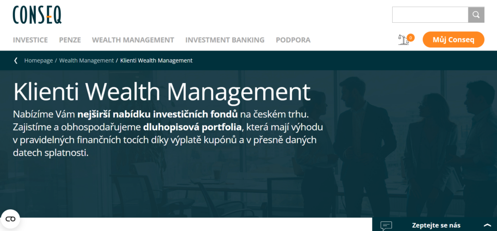 image - Tradeinfo.cz Hero banner for Klienti Wealth Management promoting investment funds and tax-efficient portfolios; silhouettes of professionals in an office.