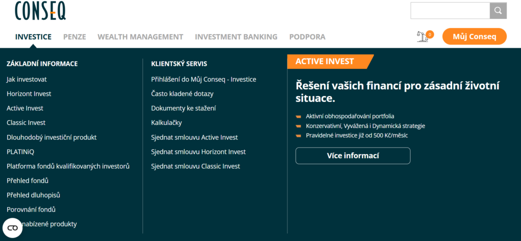 image - Tradeinfo.cz Three-column website footer: left column 'ZÁKLADNÍ INFORMACE' links, middle column 'KLIENTSKÝ SERVIS' links, right orange 'ACTIVE INVEST' panel with headline 'Řešení vašich financí pro zásadní životní situace' and bullet points plus a 'Více informací' button.