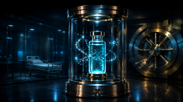 A glass display case holding a glowing blue vial connected to DNA-like molecular strands in a high-tech lab vault.
