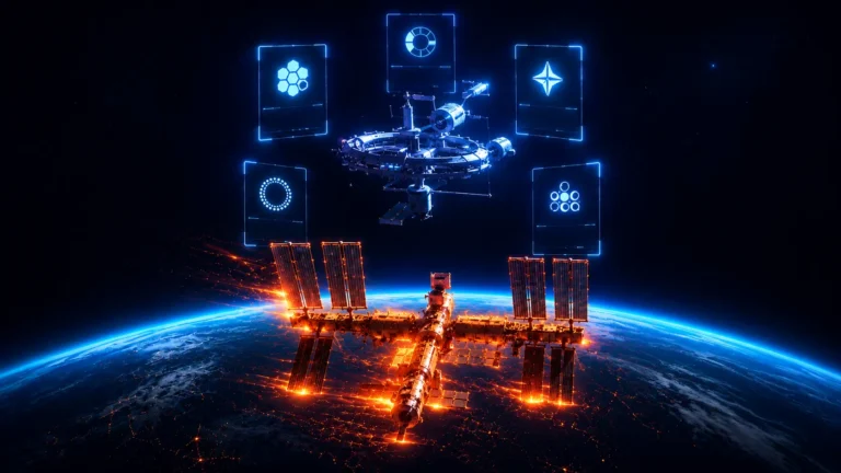 Orange-lit space station above Earth, with glowing blue holographic panels and icons surrounding it.