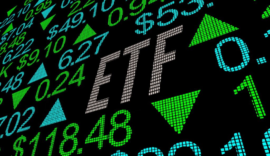 ETF Exchange Traded Fund Stock Market Investment Prices Ticker 3d Illustration - Tradeinfo.cz Digital mosaic of stock market numbers and green upward arrows with the letters ETF formed in pale squares on a black background, conveying market activity.