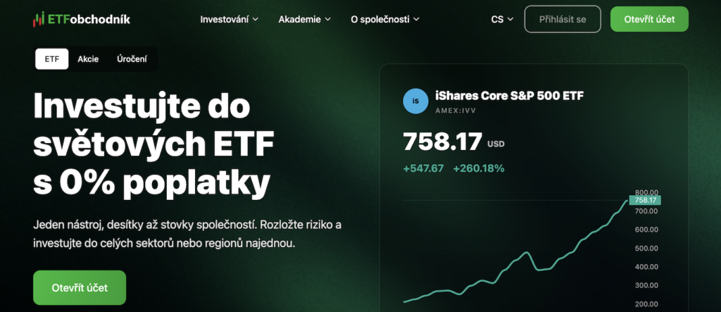 ETFobchodník - Tradeinfo.cz Hero banner with bold Czech headline about investing in world ETFs with 0% fees, dark green gradient, and a green 'Otevřít účet' button; right shows a chart panel.