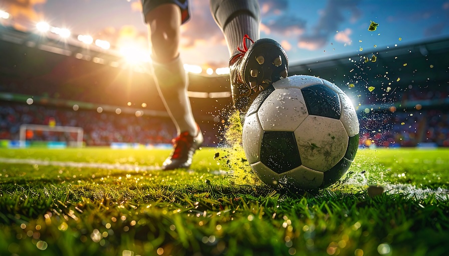 Fotbal - Tradeinfo.cz Soccer player kicking a ball on a wet, sunlit field in a stadium, grass spray flying up as the ball rolls forward.