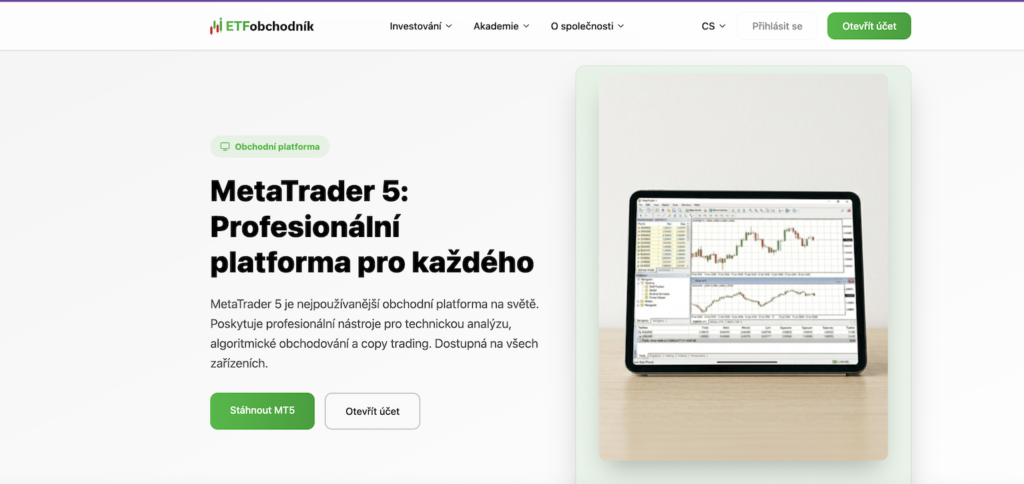 MetaTrader5 - Tradeinfo.cz Hero section promoting MetaTrader 5: professional trading platform; tablet on the right shows charts and data.
