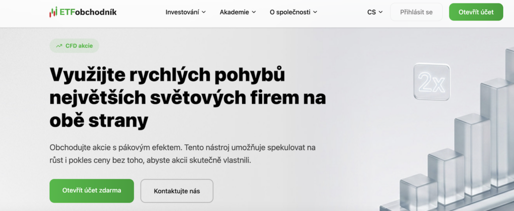 Obchodování - Tradeinfo.cz Hero banner promoting CFD equities: bold Czech headline with a green CFD badge, supporting text, two CTAs ('Otevřít účet zdarma' and 'Kontaktujte nás'), and silver geometric blocks on the right.