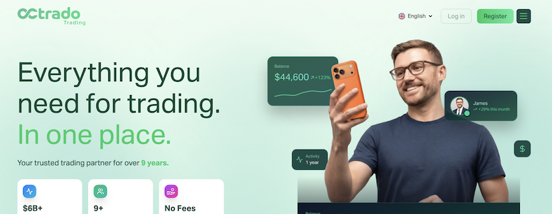 Octrado - hlavní stránka - Tradeinfo.cz Octrade Trading hero: a man in a blue shirt holds an orange phone with floating trading charts beside him, headline reads 'Everything you need for trading. In one place.'