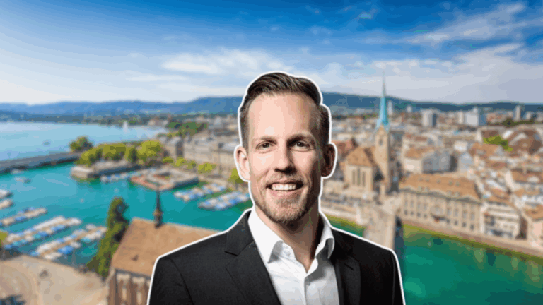 Pascal Eberle a na pozadí Zurich. Zdroj fotky: archiv Pascala Eberle. Zdroj pozadí: Adobe Stock