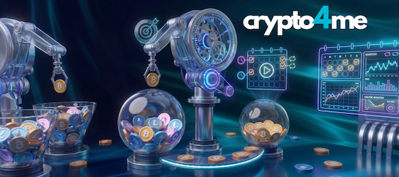 Obrázek strojů s kryptoměnou, Bitcoin Zdroj fotky: Pozadí generováno AI Zdroj loga: web crypto4me