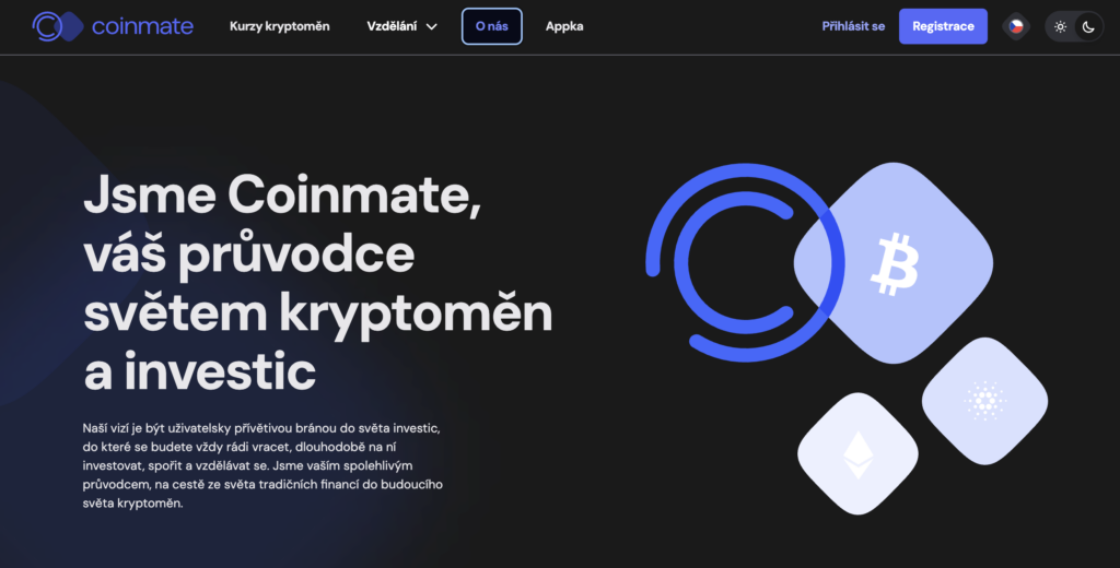 Coinmate - Tradeinfo.cz Coinmate hero: Czech headline about guiding you into the world of crypto and investments, with blue logo and abstract shapes in a dark background.