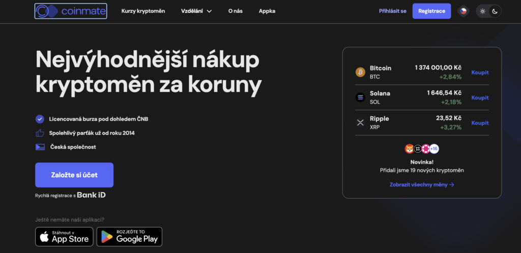 Coinmate - kryptoměny - Tradeinfo.cz Dark crypto exchange homepage with bold Czech headline about best crypto purchases for crowns and a right-side price panel showing BTC, SOL, XRP with 'Koupit' links and small icons.