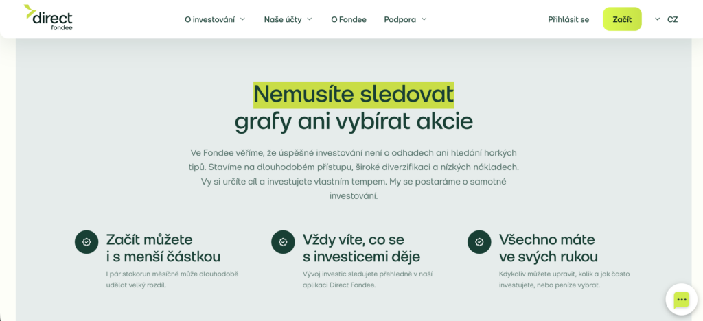 Fondee - Tradeinfo.cz Direct Fonds homepage hero: Czech headline says you don’t need to follow graphs or pick stocks, emphasizing long-term, diversified investing.