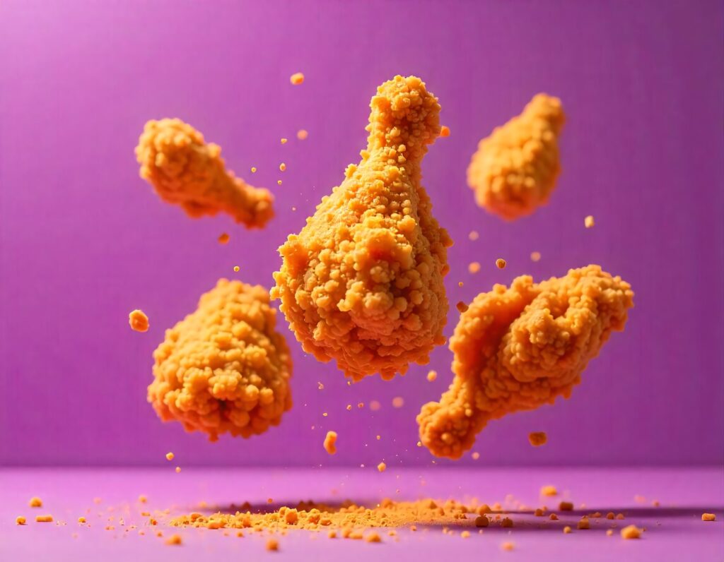 Kuře - Tradeinfo.cz Golden fried chicken nuggets tumbling through the air against a vibrant purple background, crumbs scattered below.