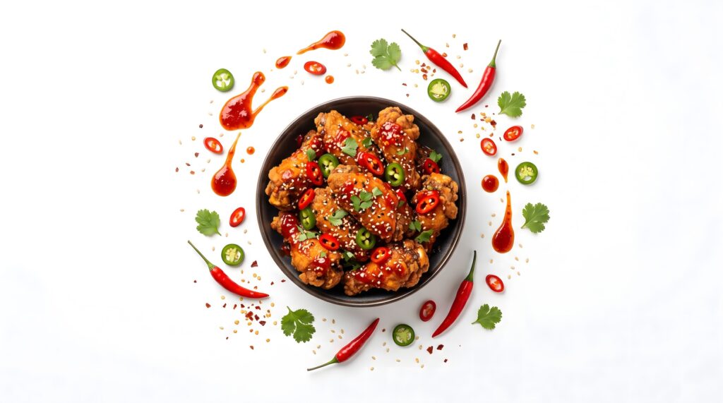 Wendys papu - Tradeinfo.cz Bowl of crispy fried chicken bites topped with sesame seeds, chili peppers, and cilantro, with sauce droplets on a white surface.