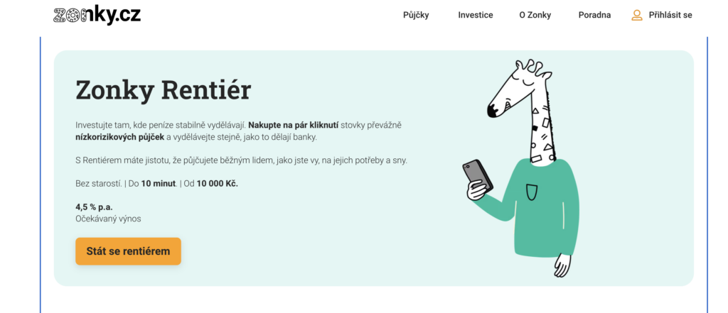 Zonky - Tradeinfo.cz Hlavní banner Zonky Rentier na světle modrém pozadí s postavou žirafy držící mobil a textem o nízkorizikových půjčkách.