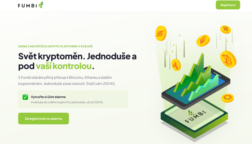 image - Tradeinfo.cz Hlavní banner s logem Fumbi, zeleným tlačítkem Registrace vpravo nahoře a ilustrací mincí a grafu kryptoměn nad mobilem.