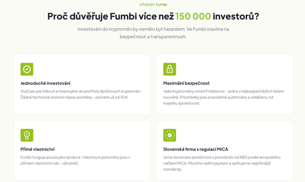 image - Tradeinfo.cz Hlavní nadpis stránky o výhodách Fumbi a krátký popis pod ním, v dvou sloupcích kartičky s ikonami a textem. (kontekst: nabídka výhod), Část webu o investingu a bezpečnosti.