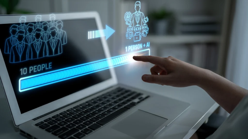 ai-propousteni-juniorni-pozice - Tradeinfo.cz Vizualizace ukazující nahrazování většího počtu pracovníků jedním zaměstnancem využívajícím AI, symbolizující dopad automatizace na pracovní trh a juniorní pozice. Zdroj: Adobe Stock.