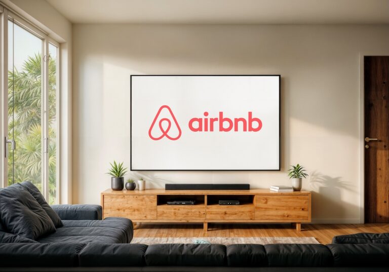 Na obrazovce televize je nápis airbnb Zdroj fotky: Adobe Stock