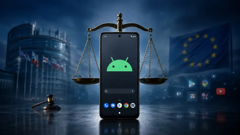 Mobilní telefon se systémem Android před vahami spravedlnosti na pozadí institucí EU. Zdroj: Generováno AI (ChatGPT).