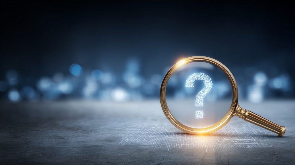 5435 - Tradeinfo.cz Golden magnifying glass on a dark surface reveals a glowing blue question mark, with a blurred cityscape in the background—symbolizing inquiring or searching for answers.