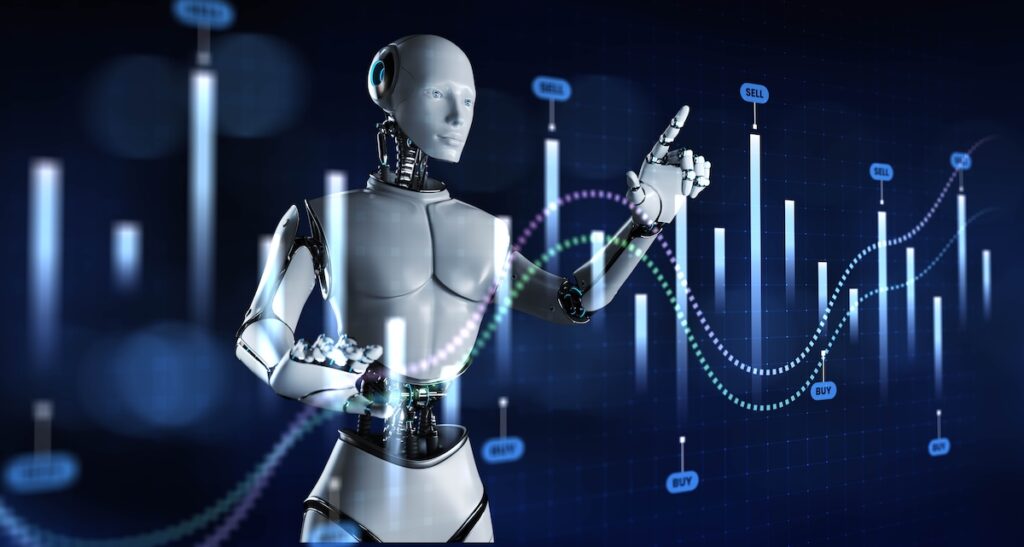 AI and stock - Tradeinfo.cz Robotic figure pointing at a digital trading chart with buy/sell indicators on a futuristic screen.